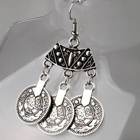 $8 SALE! Antiqued Silver Tibetan Coin Earrings - Picture 4 of 8
